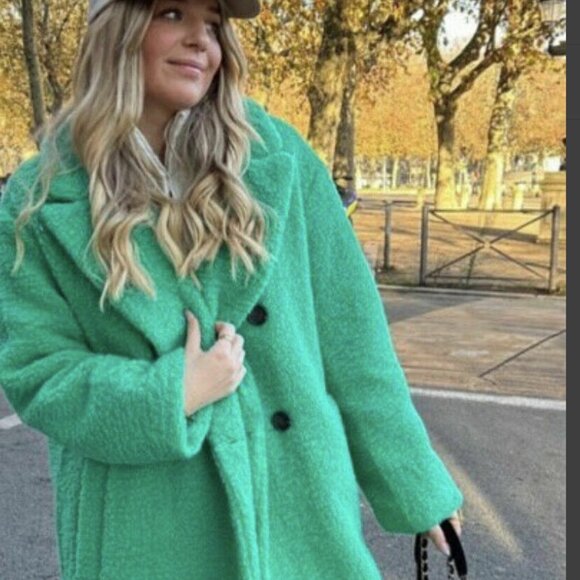 Zara Women's Turquoise Green Double-Breasted Front Button Long Teddy Coat Size L - Picture 1 of 6